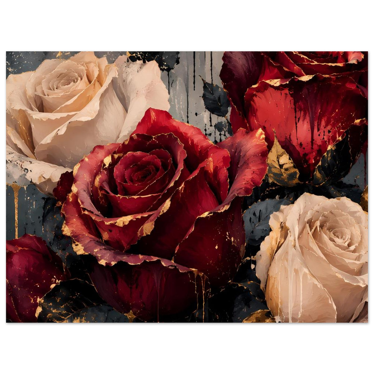 Kunstposter im Panoramaformat mit Rosen in Bordeauxrot und Creme, goldene Highlights