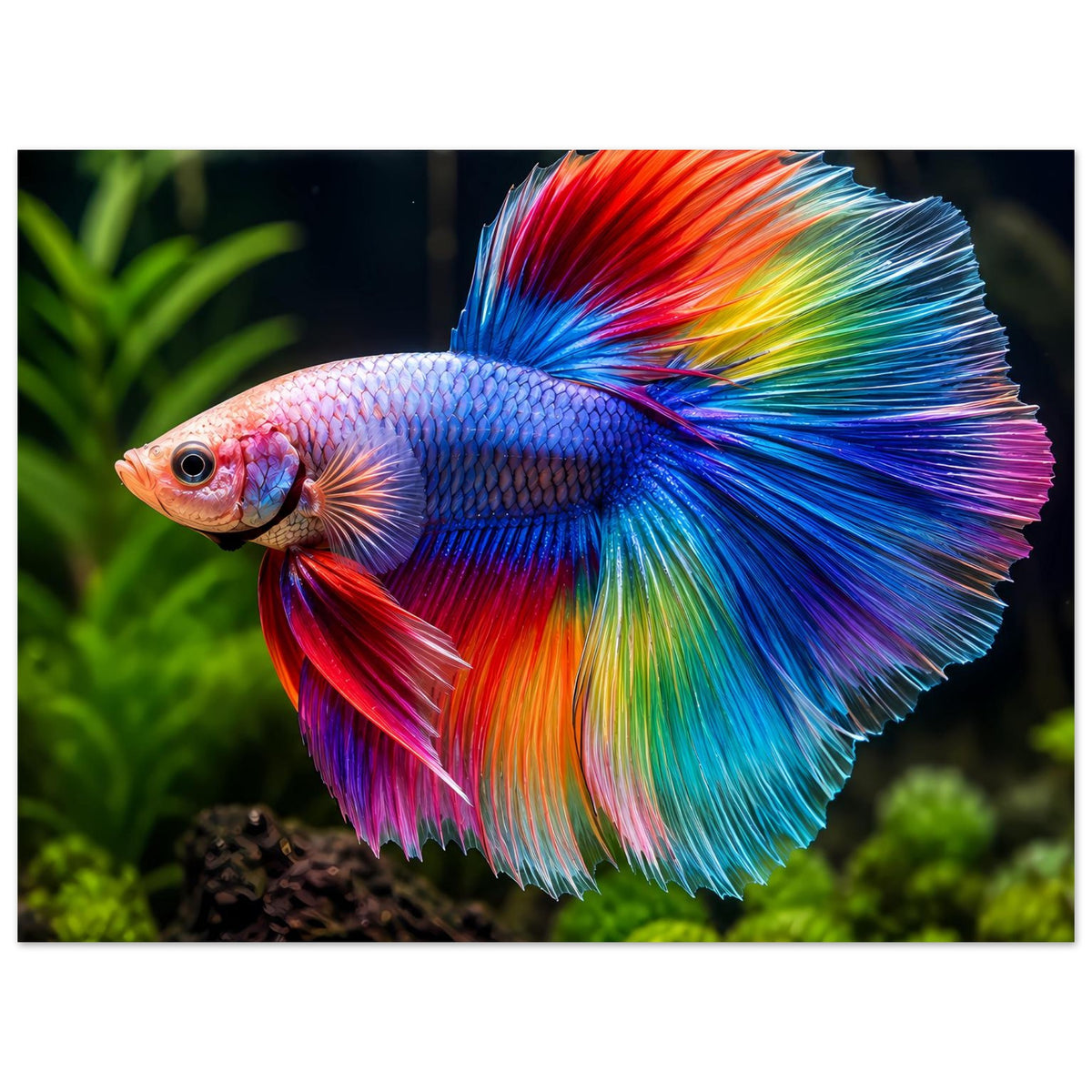 Poster im Hochformat: Regenbogen-Bettafisch mit kräftigem Farbverlauf in Blau, Rot und Violett.