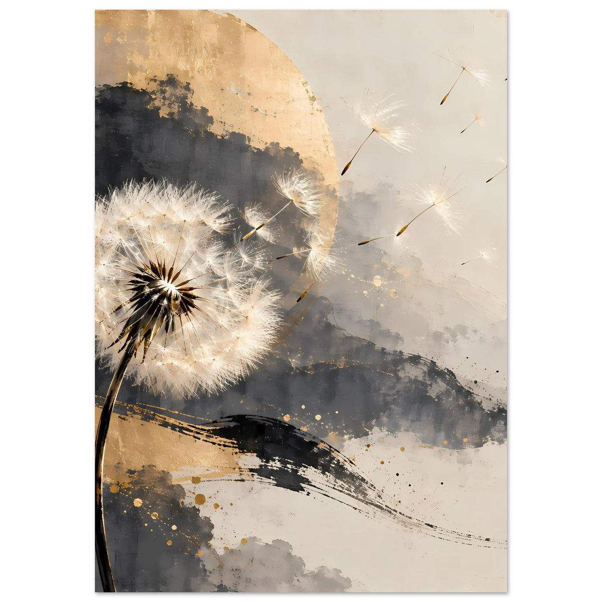 Hochkant-Kunstposter mit Pusteblume und goldenem Bogen, graue Pinselstreifen