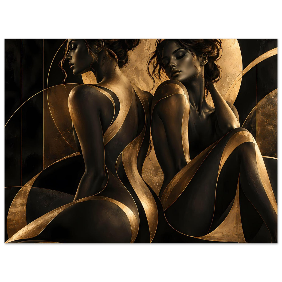 Kunstposter mit zwei Frauensilhouetten in Schwarz und Gold, warmes Gold umrahmt die Figuren