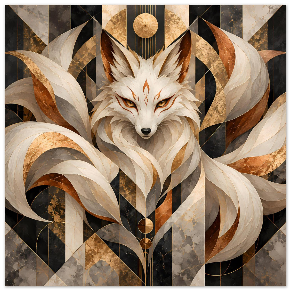 Geometrisches Poster mit Fuchs-Motiv in Erdtönen und Gold, zentrierte Komposition mit hellem Fell