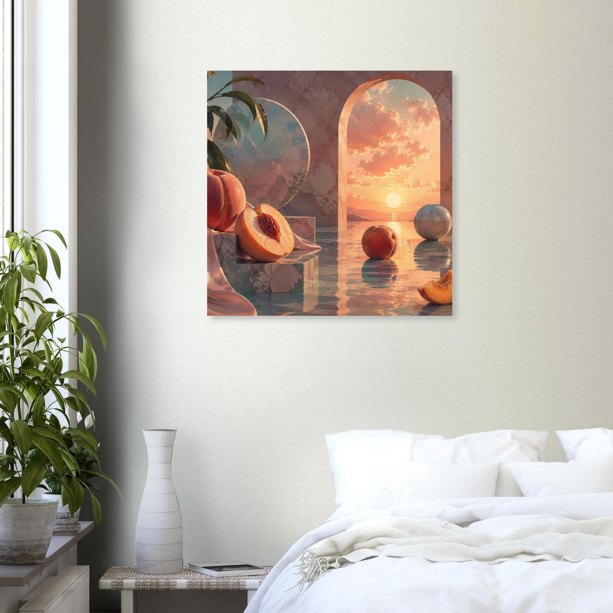 Gerahmtes Poster mit surrealem Pfirsich-Stillleben, Rundbogen und Sonnenuntergang