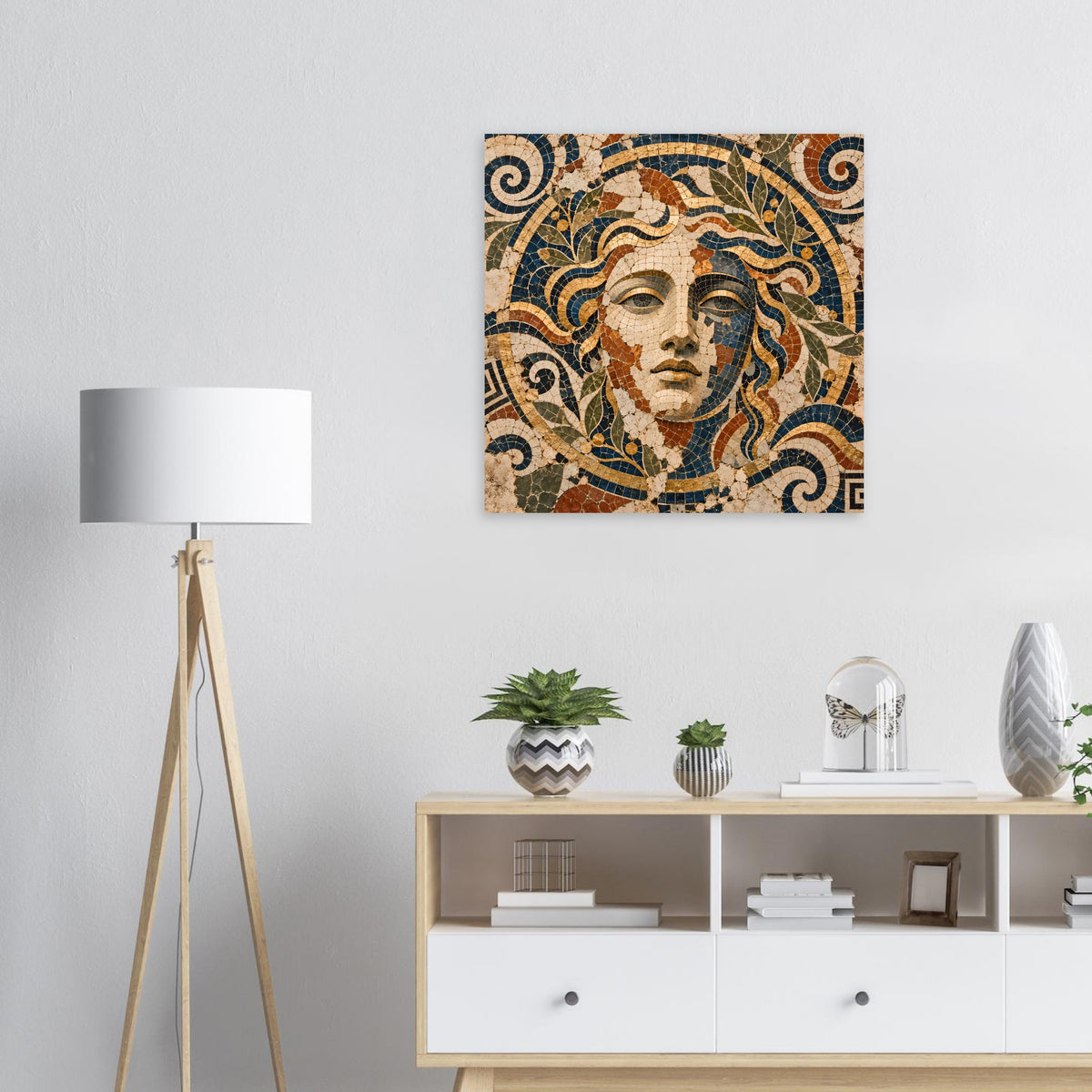 Quadratisches Poster mit Mosaik-Göttin im Blau-Gold-Look