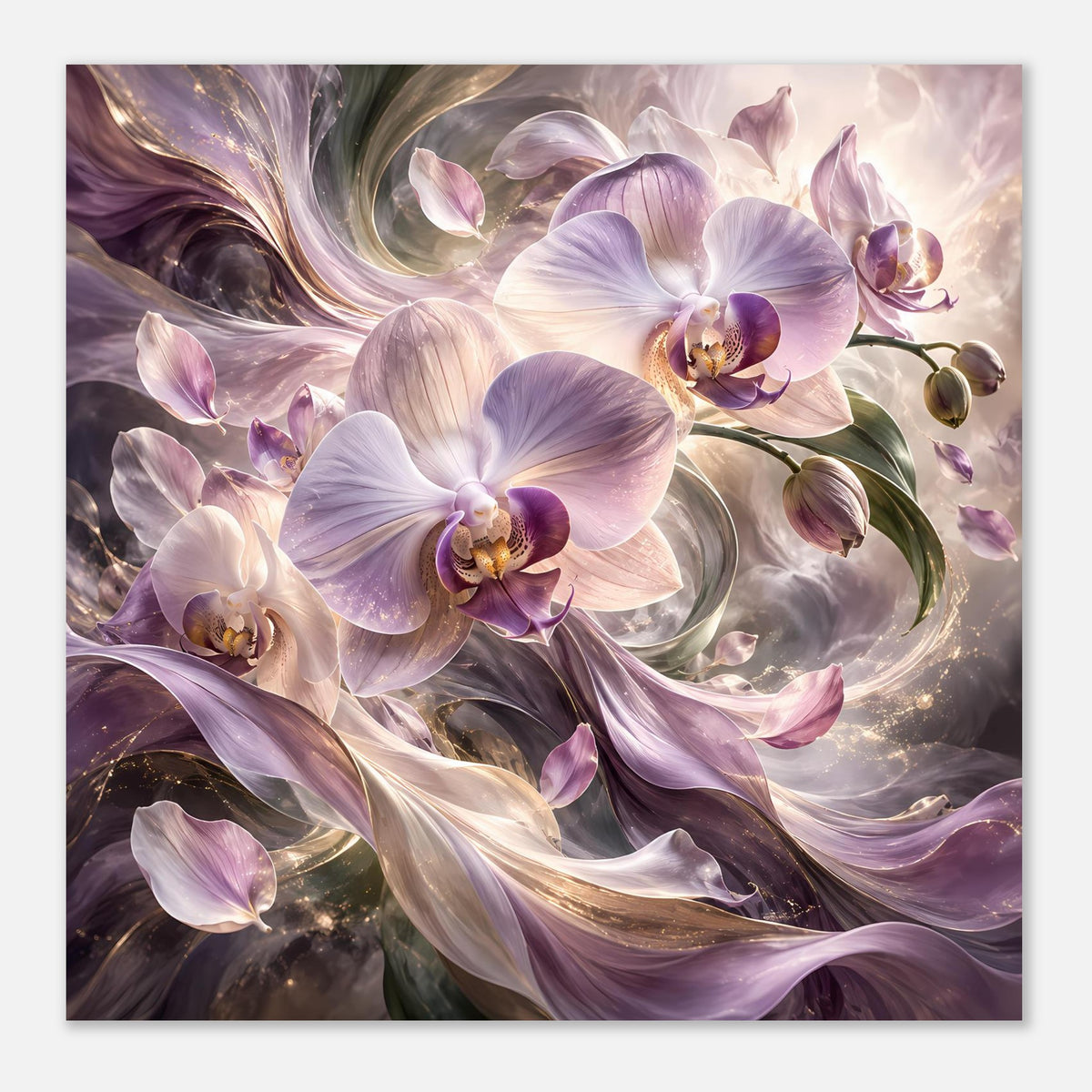 Blumenposter im Rahmen, horizontal: violette Orchideenblüten in cremefarbenem Farbverlauf