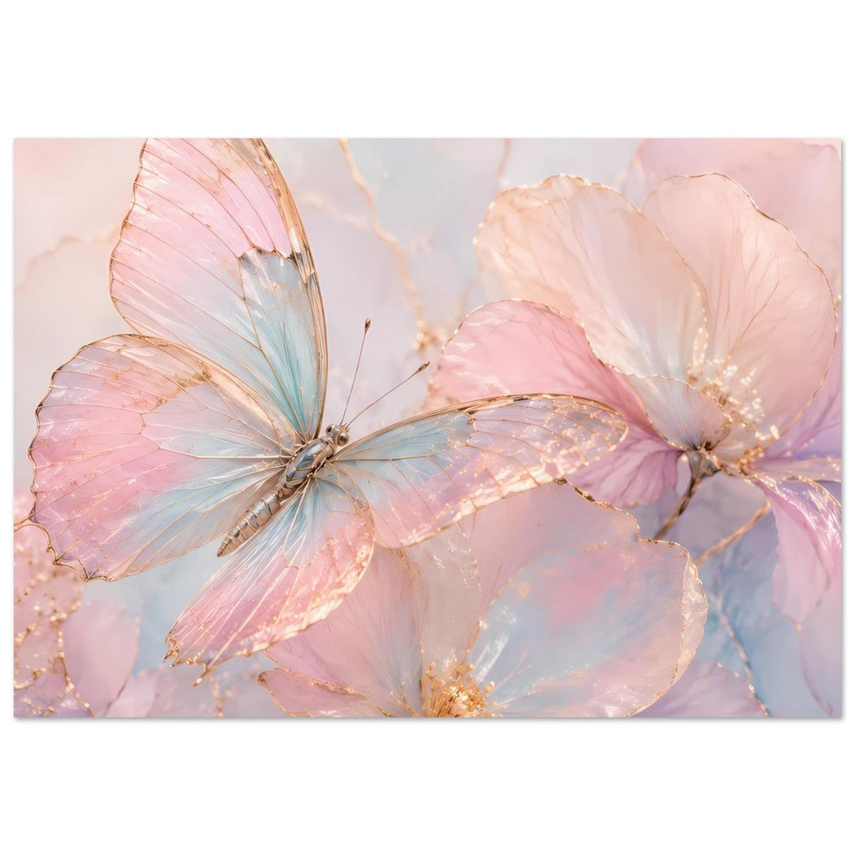 Horizontales Aquarell-Poster mit Schmetterlingen in Rosé, Blau und Goldakzenten