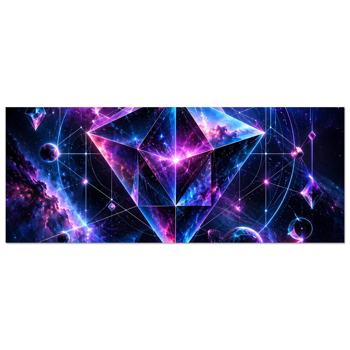 Horizontales Cosmic-Geometry-Poster mit violett-blauem Sternmuster, Planeten und Neon-Linien