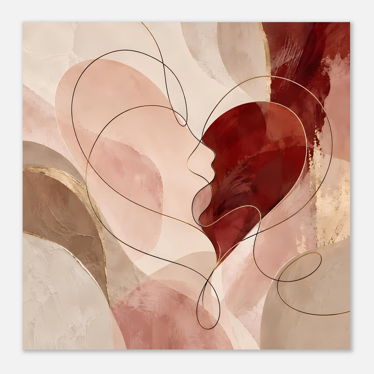 Wandposter mit abstraktem Herz, rote Silhouette, beiger Hintergrund und Kreisbögen