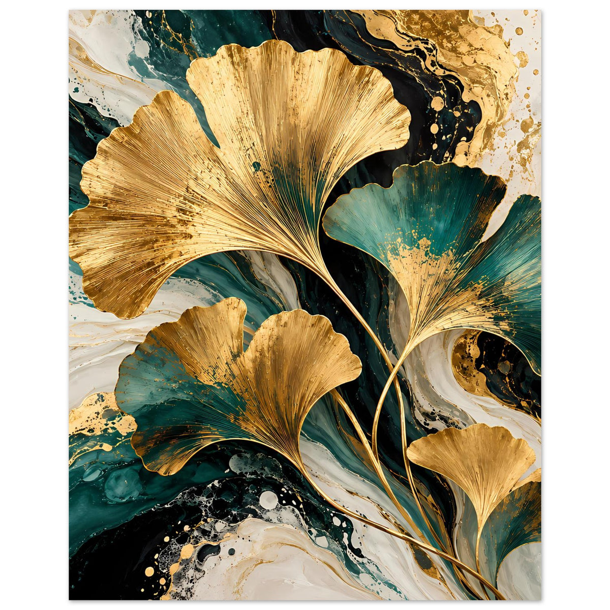 Naturposter mit goldenen Ginkgo-Blättern, türkisgrünen Flächen und goldenen Verläufen