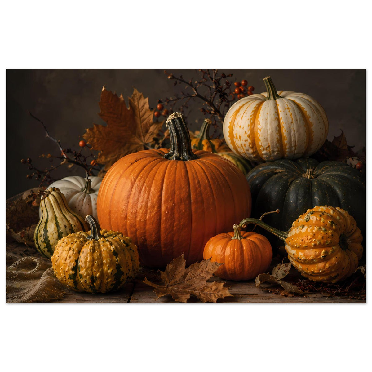 Herbstliche Kürbis-Komposition auf Poster: orange Kürbis mit gelblich gepunkteten Zierkürbissen
