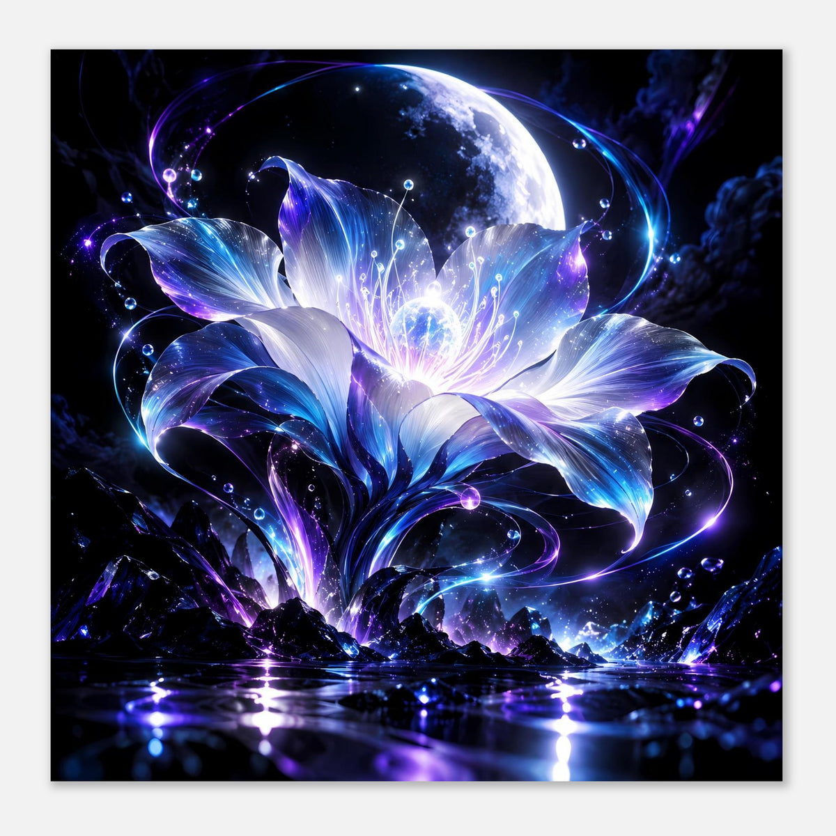 Nahaufnahme: gerahmtes Poster mit Mond, violett-blauen Blüten und Sternen