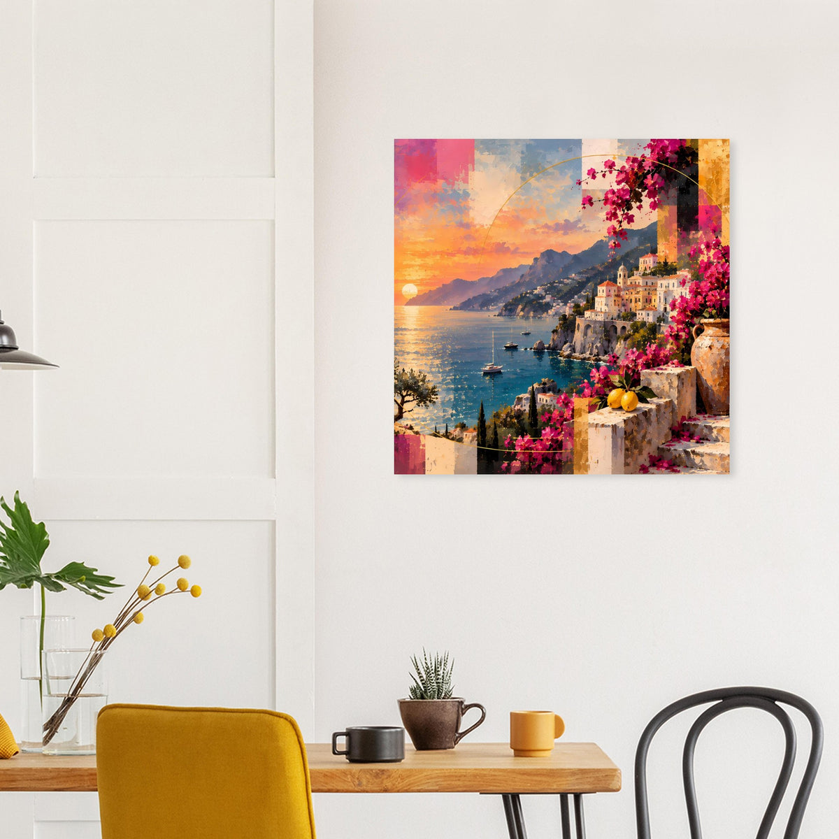 Quadratisches Poster mit mediterranem Küstenpanorama, Meer und Bougainvillea an den Gebäuden