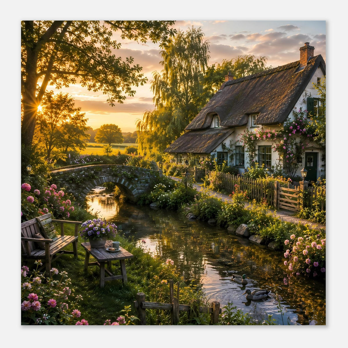 Poster mit Landhaus am Bach, Blumenbeete und Steinbrücke im warmen Abendlicht.