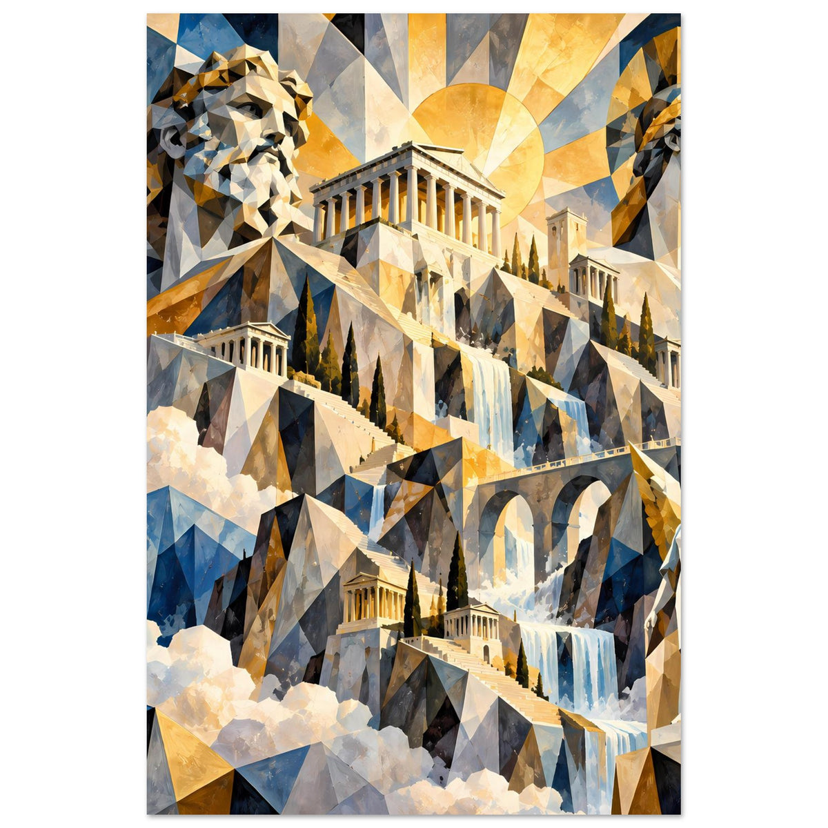 Vertikales Poster mit Tempelruinen, Säulen und Wasserfallmotiv in Blau und Gold