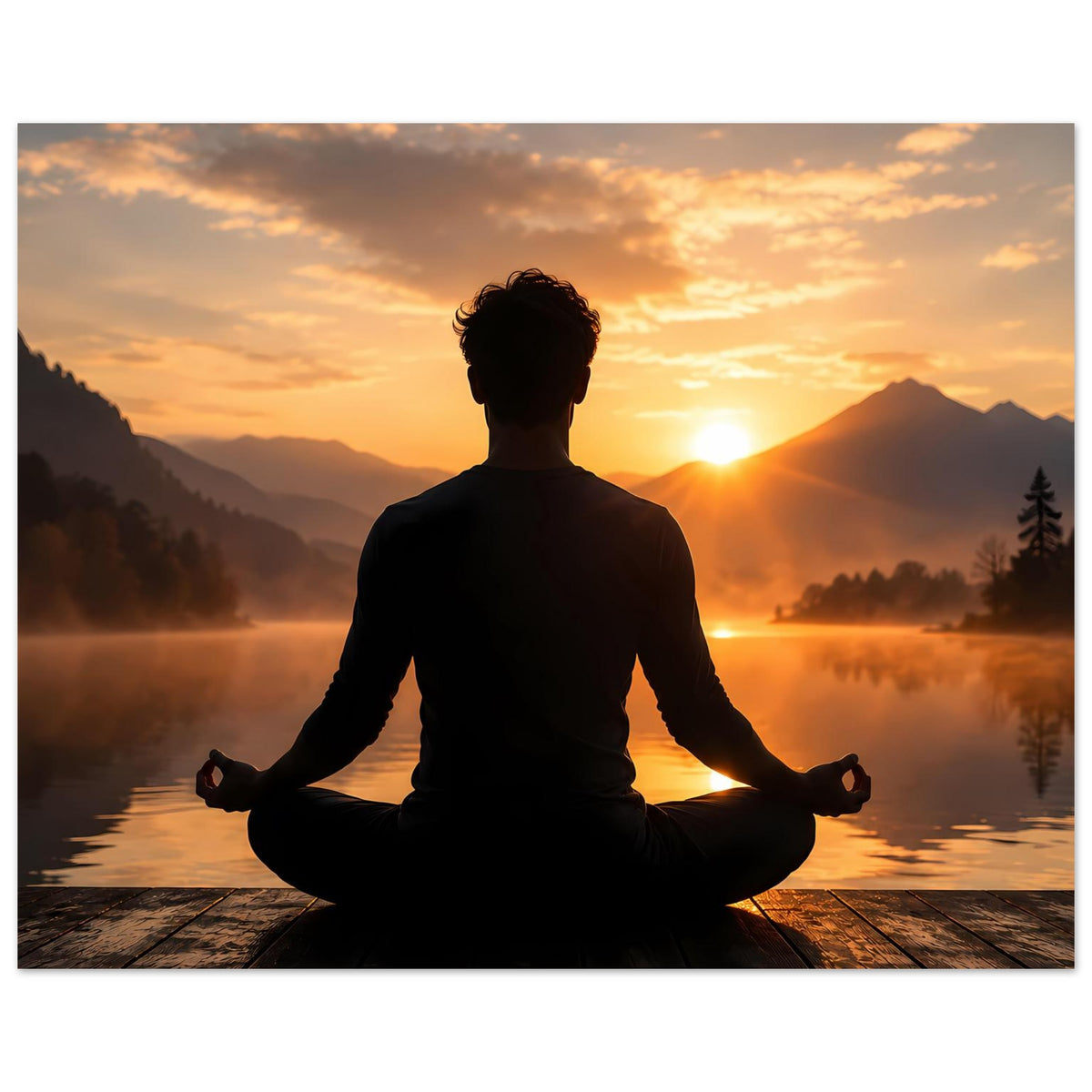 Poster: Silhouette einer Person in Meditationshaltung vor goldener Abendsonne am See