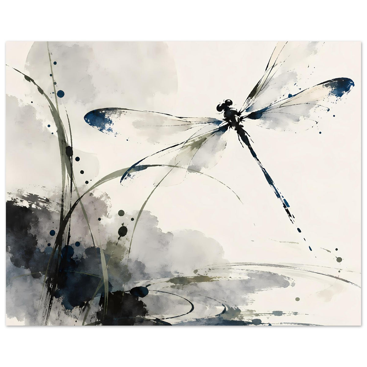Aquarell-Poster: blaue Libelle über grauen Akzenten und weißen Bildelementen