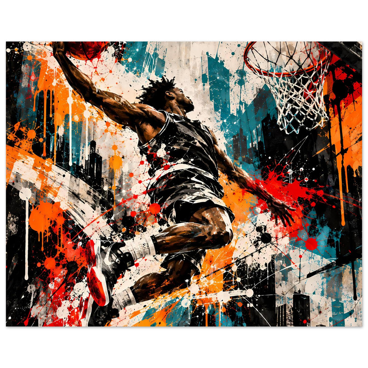 Basketball-Poster im Spritzdesign: Spieler mit Ball, Korb im Hintergrund