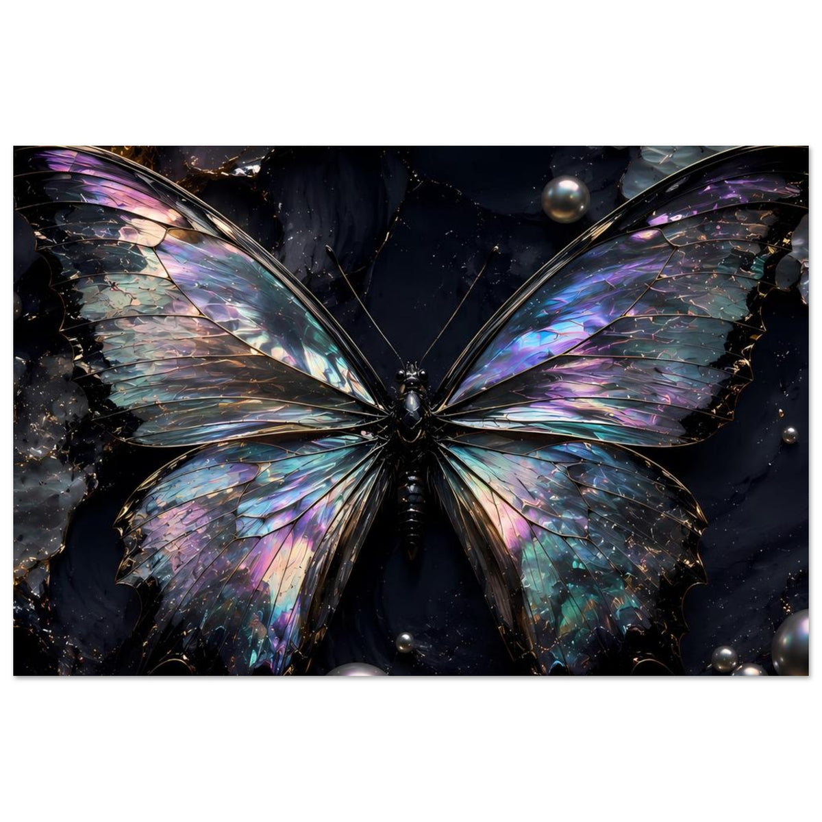 Schmetterling-Poster mit irisierenden Flügeln, violetten Farbtönen und dunklem Hintergrund