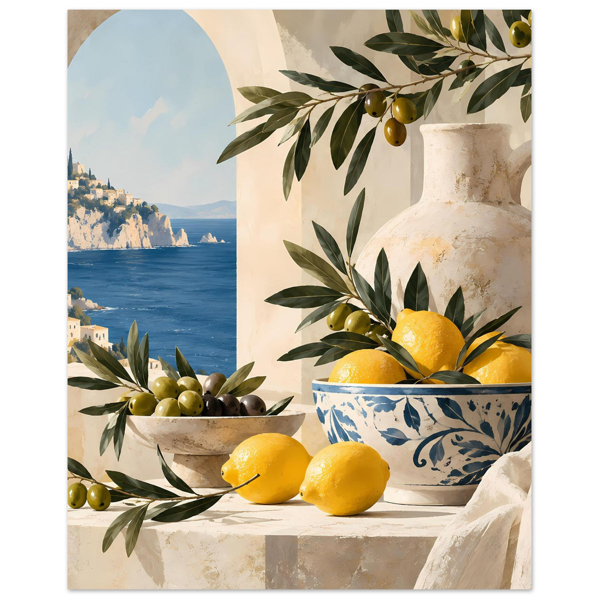 Mediterranes Poster: Zitronen und Oliven vor Krug mit Olivenzweigen