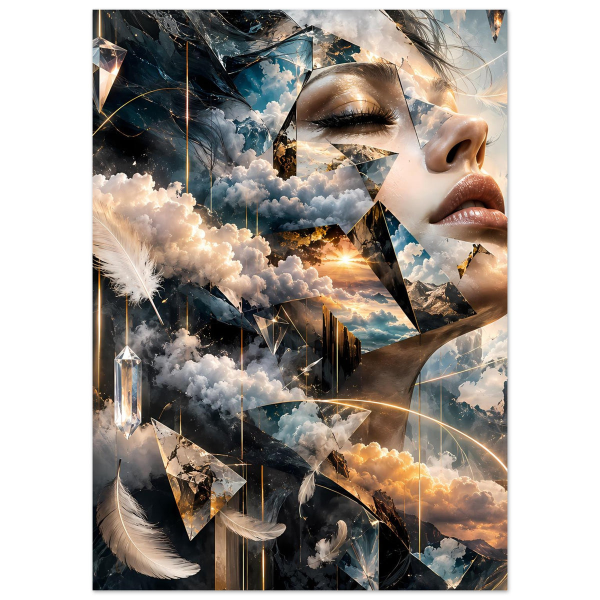 Surrealistisches Poster im Hochformat: Frauenprofil, Feder, Wolken und schimmernde Linien