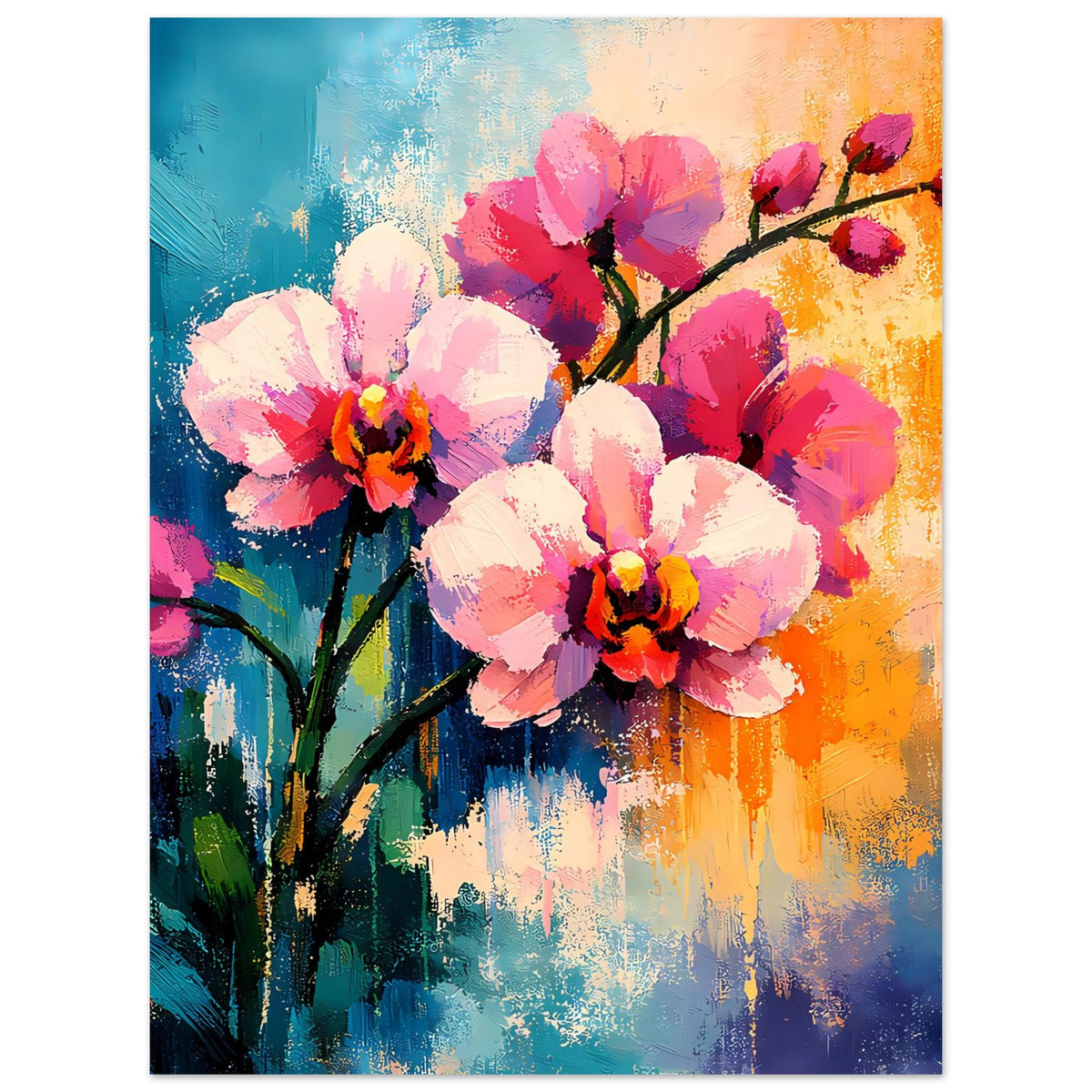 Blumenposter im Hochformat mit rosa und weißen Blüten, dunkler Ast und bunte Farbspuren