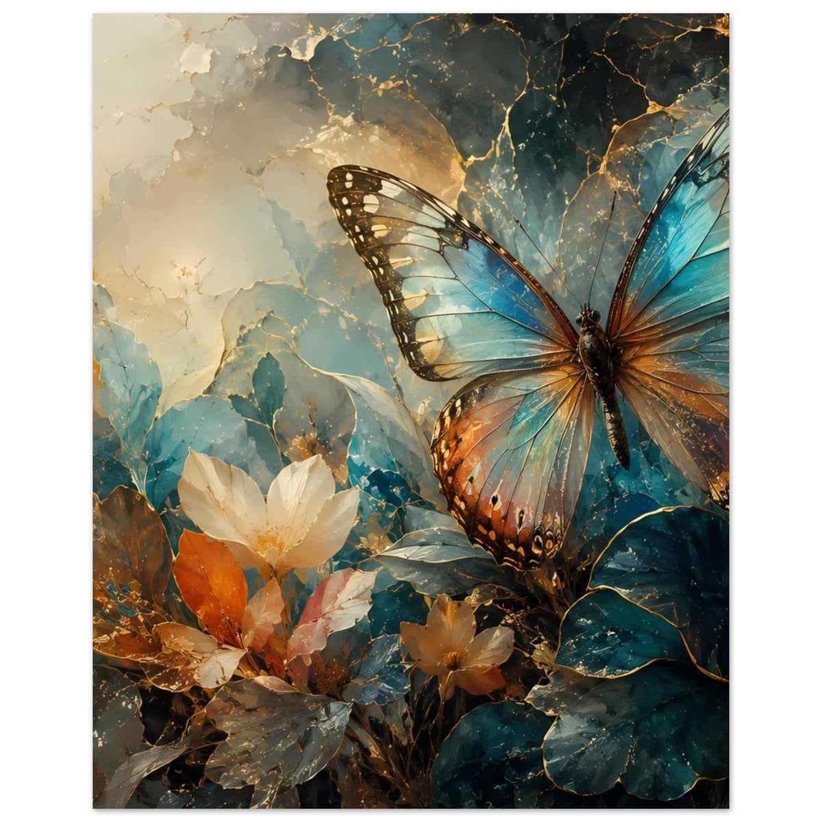 Hochformatiges Poster mit Schmetterling in Blau, goldenen Sprenkeln und Blumenornament