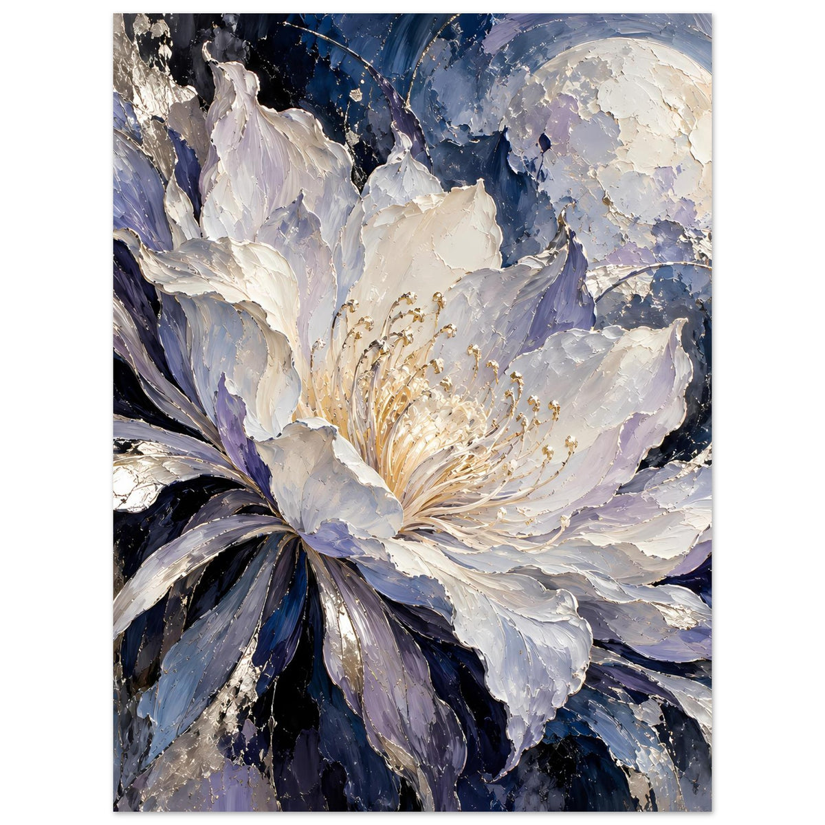Hochformat-Poster mit pastellweißen und violetten Blüten, goldfarbener Pollenwolke in der Mitte