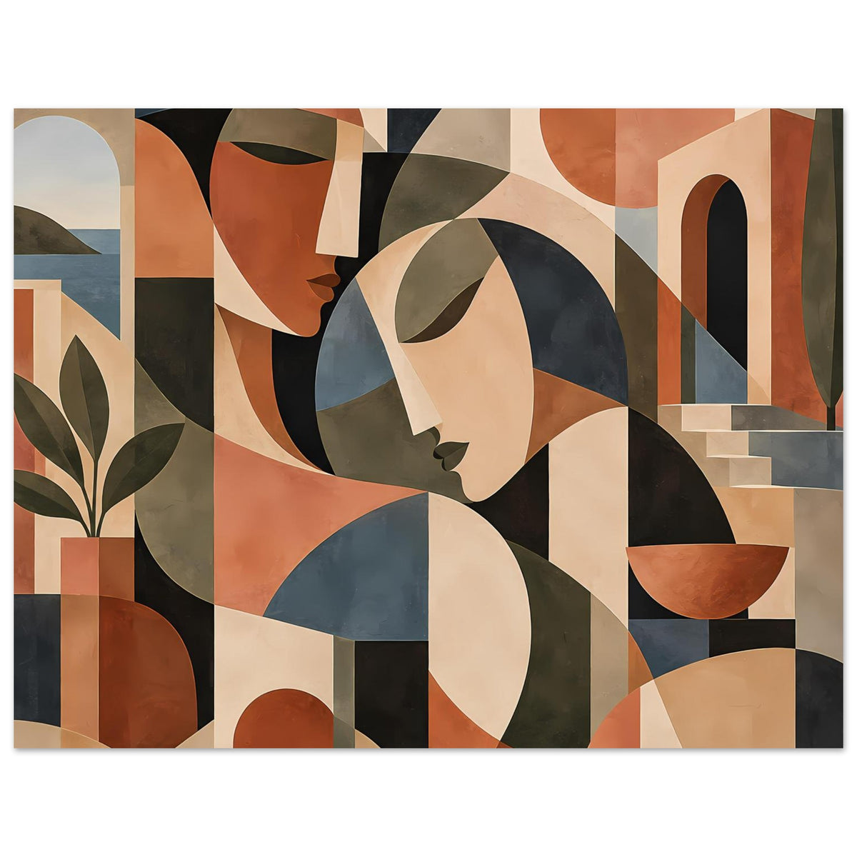 Querformat-Kunstposter mit abstrakten Gesichtern, geometrischen Blöcken in Terrakotta und Dunkelblau