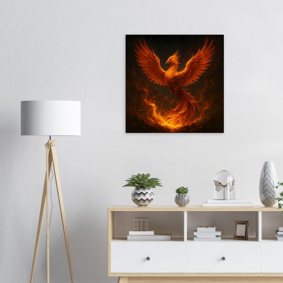 Gerahmtes quadratisches Poster mit feuriger Phönix-Figur, glühender Flammenkrone und Flammenboden