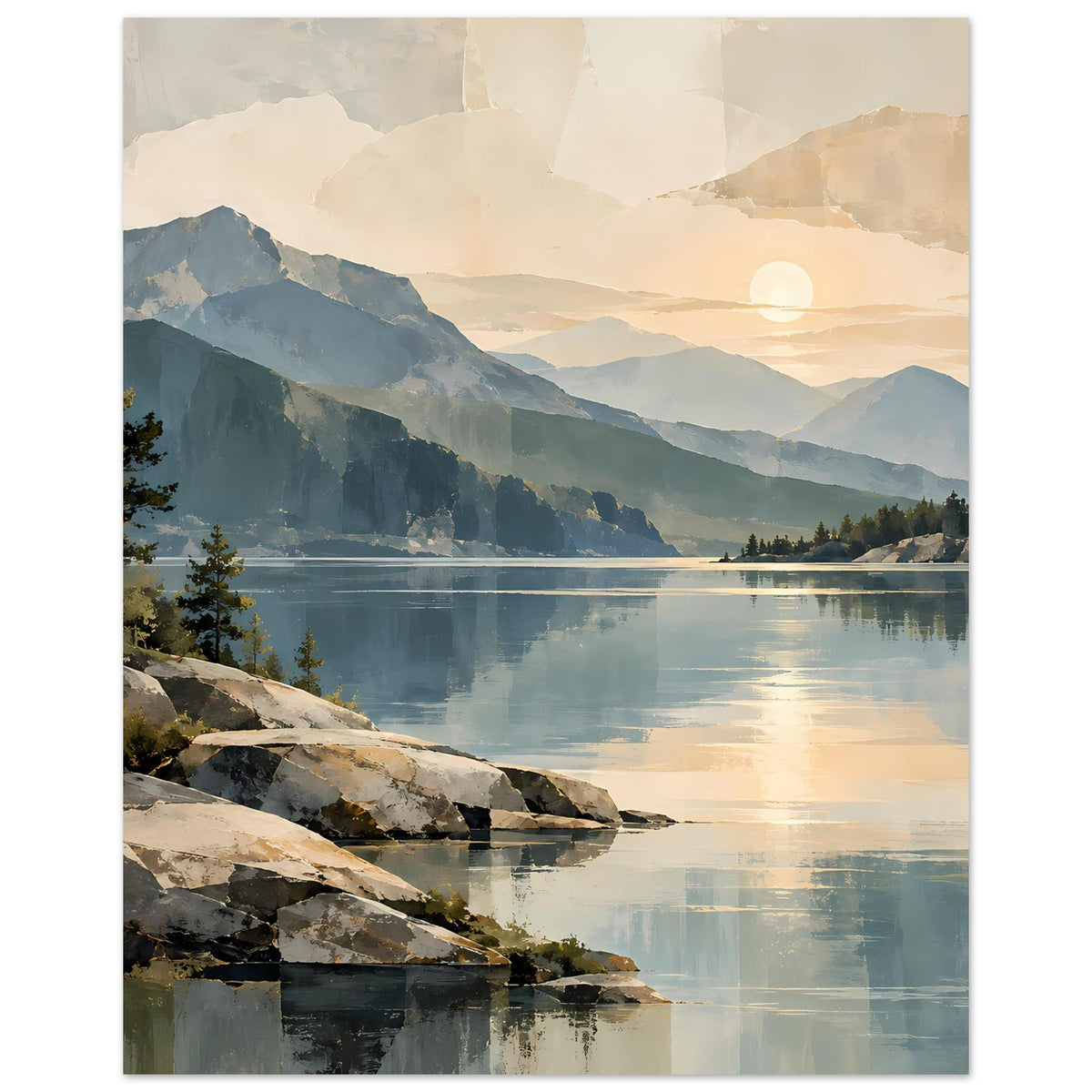 Poster im Hochformat mit Bergsee bei Sonnenaufgang: Berge, Nadelwald und Felsen am Ufer