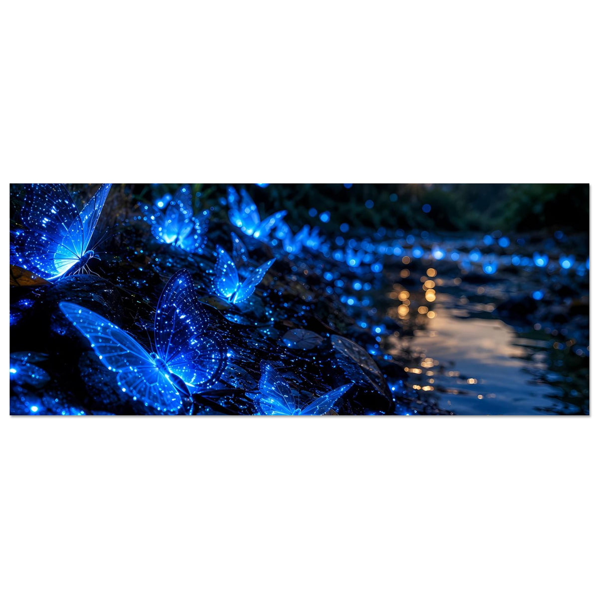 Horizontales Poster mit leuchtendem blauem Schmetterling, funkelnden Lichtpunkten und dunklen Flächen