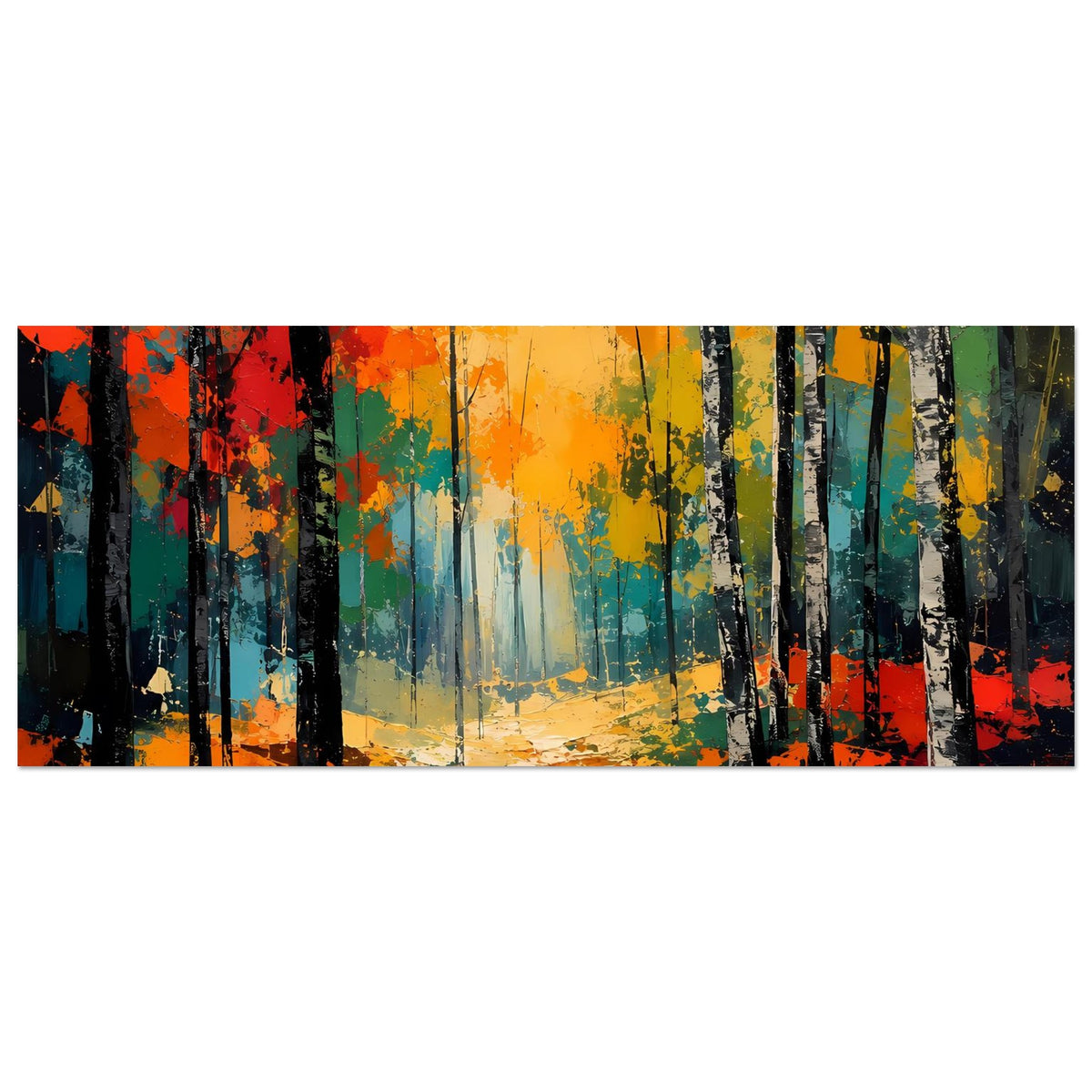 Breites Herbstwald-Poster mit bunten Baumstämmen, gelber Baumkrone und Waldweg