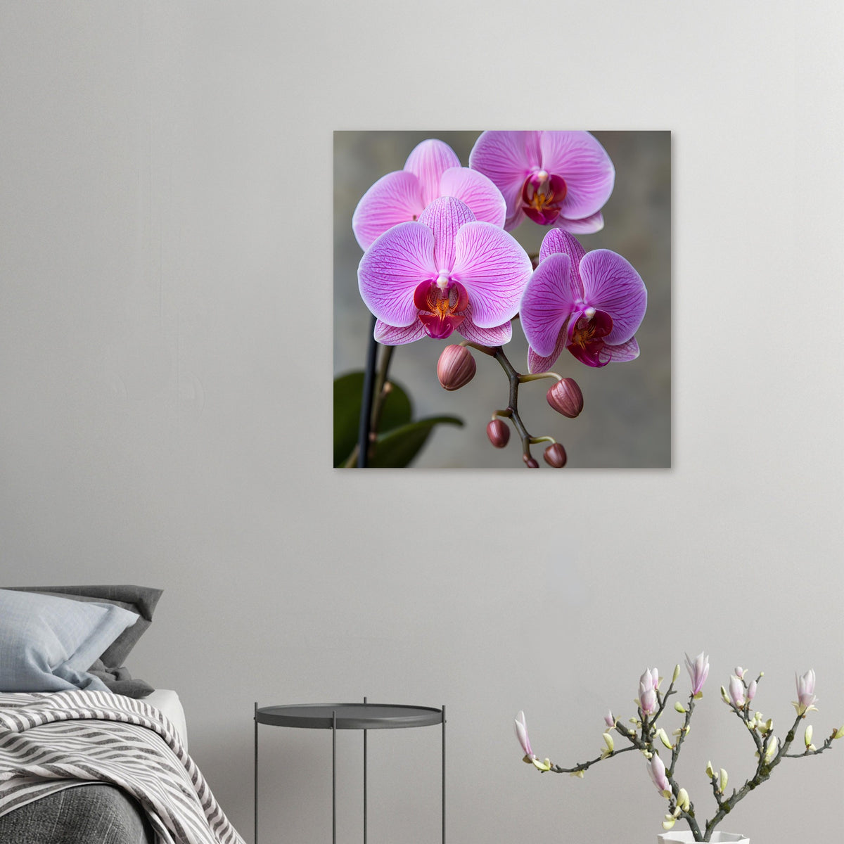 Orchideenposter, zentriert: kleine pink-lila Phalaenopsis-Blüten mit Knospen