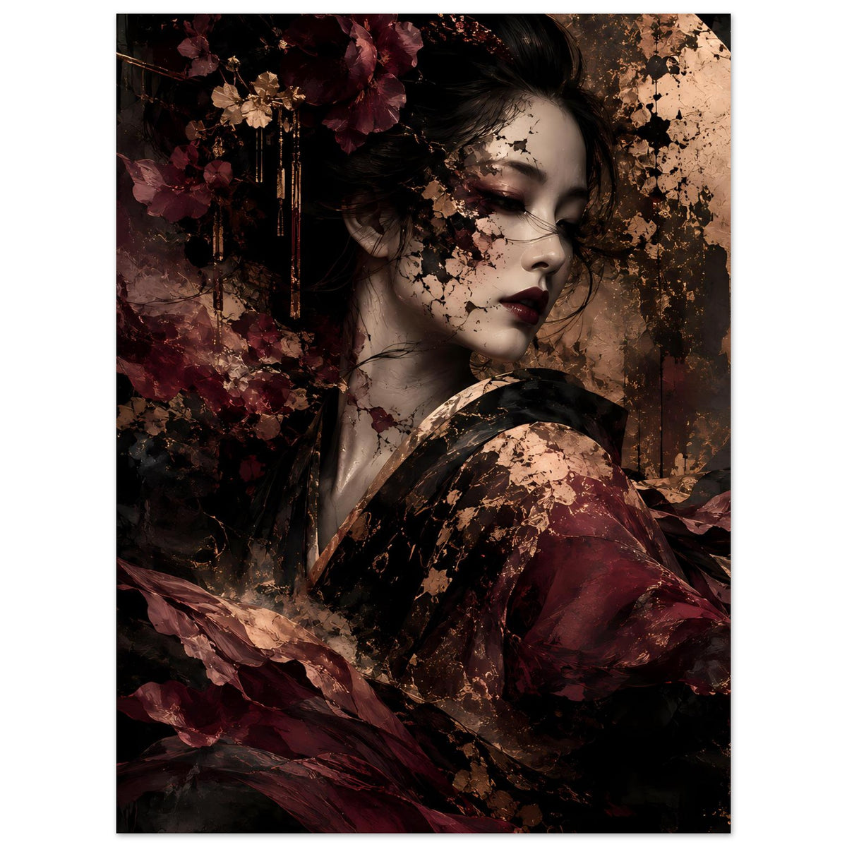 Kunstposter mit Porträt-Frau, kontrastreiche Bordeaux- und Schwarzflächen, goldene Details