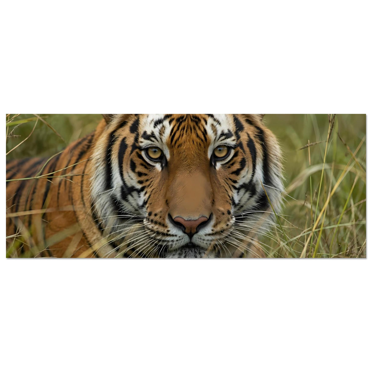 Wildtier-Poster, horizontal zugeschnitten: Tiger im Gras mit Blick nach vorn