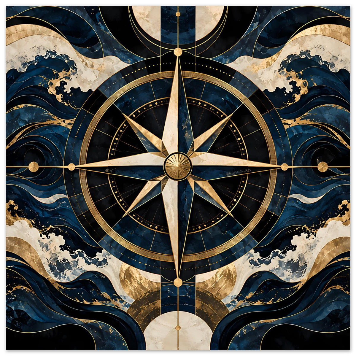 Maritimes Navigationsposter mit goldenem Kompass und blauen, wellenförmigen Linien
