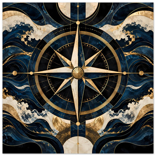 Maritimes Navigationsposter mit goldenem Kompass und blauen, wellenförmigen Linien