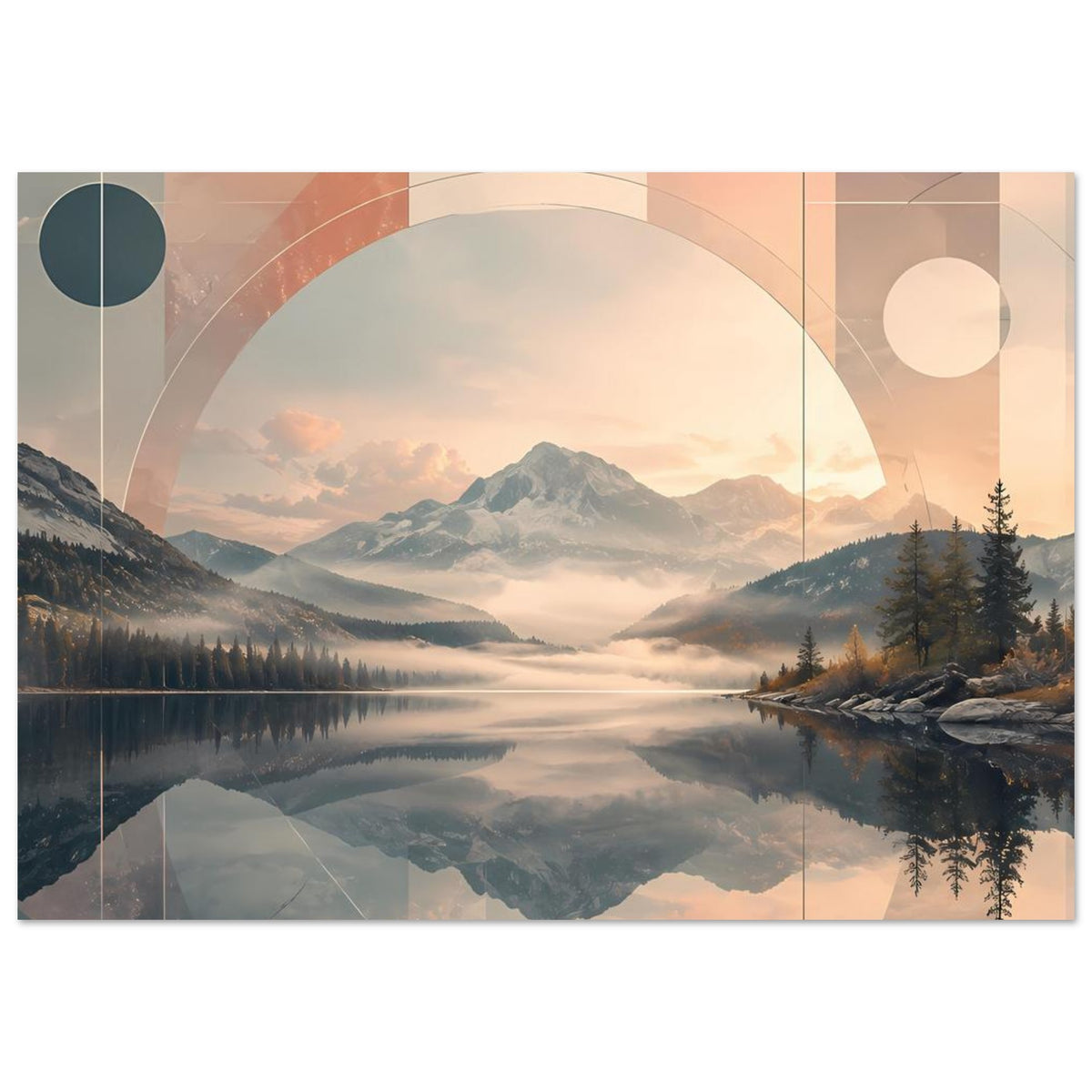 Querformatiges Poster: Landschaft mit See und Bergen, abstrakte Geometrie und große Kreisfläche