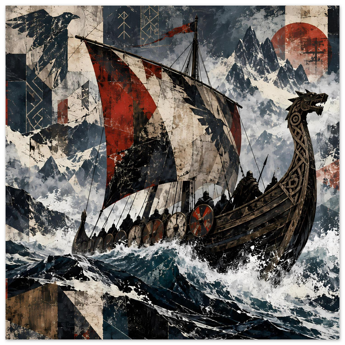 Wikingerschiff-Poster: Langschiff im Sturm, rote und helle Flaggen, horizontal