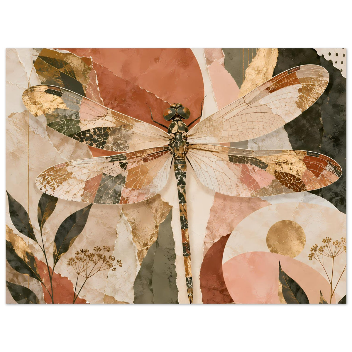 Boho-Drachenfliegenposter im Querformat: zentrierte Libelle, Blätter und Kreis im Dekor.