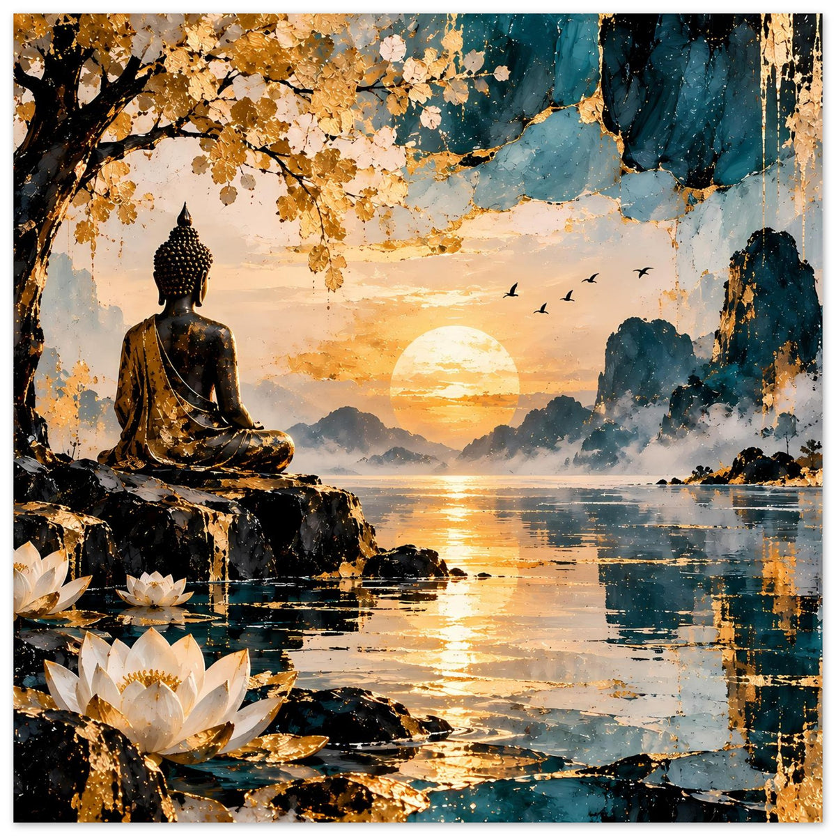 Zen-Poster mit Buddha links, blühende Lotusblumen vorn, Sonnenuntergang und fliegende Vögel
