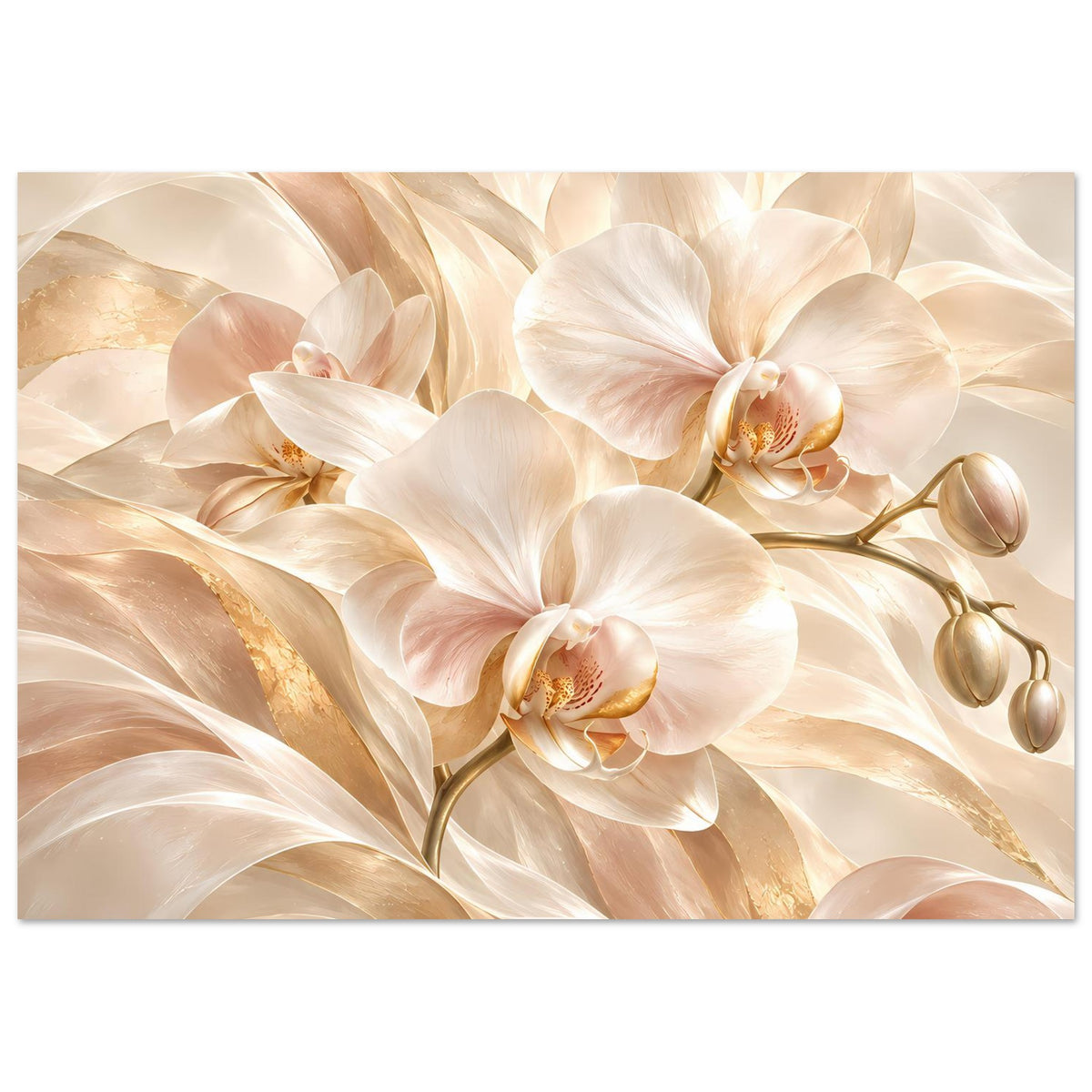 Orchideenposter im Querformat mit weißen Blüten, cremefarbenem Hintergrund und Goldglanz