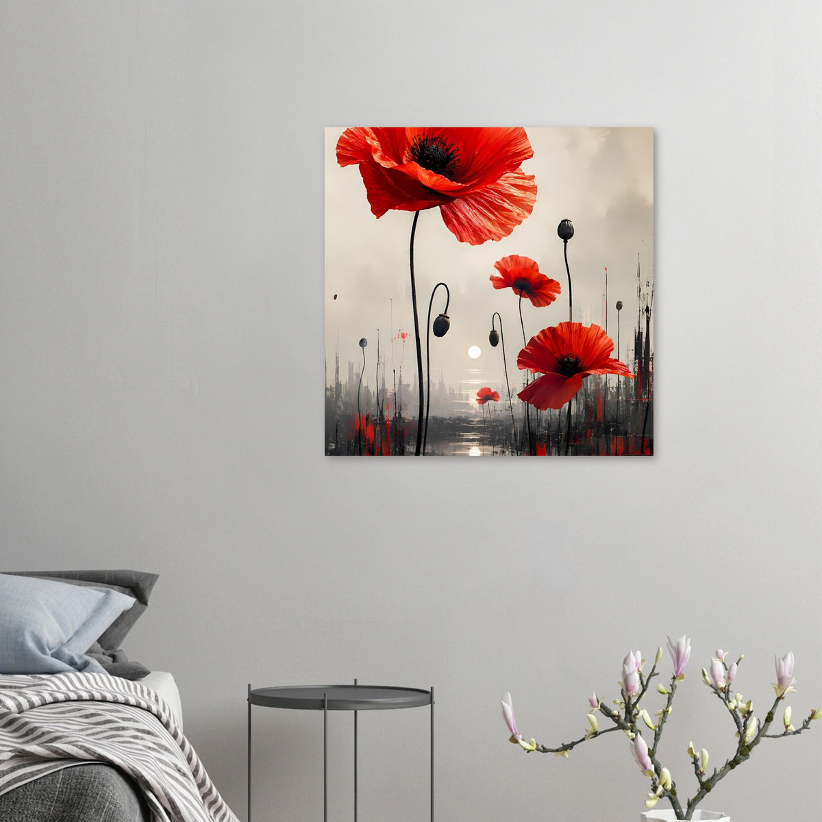 Abstraktes Poster mit roten Mohnblumen, schwarzen Stielen und grauer Skyline im Nebel