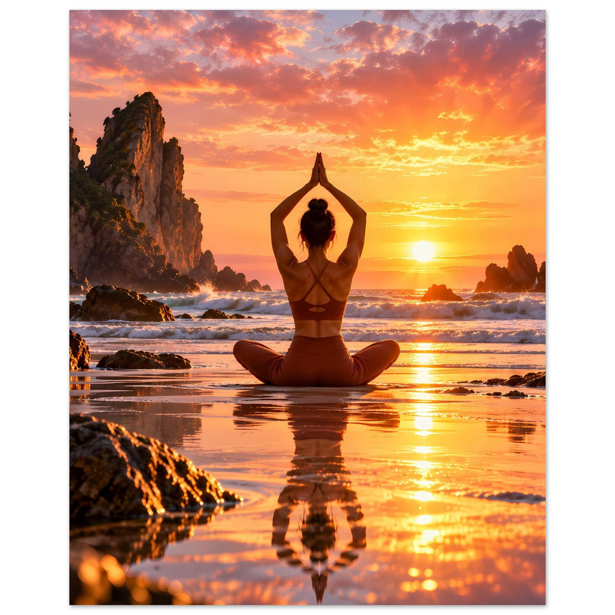 Yoga-Poster im Hochformat: Person im Lotussitz mit erhobenen Armen vor goldenem Meer-Sonnenuntergang.