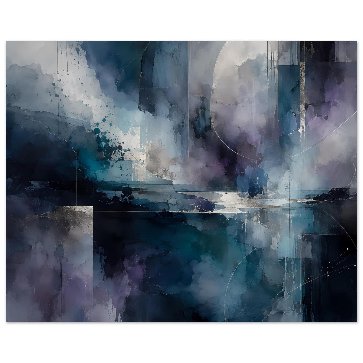 Abstractes Kunstposter im Querformat mit tiefem Blau, Violettnuancen und hellem Halbkreis