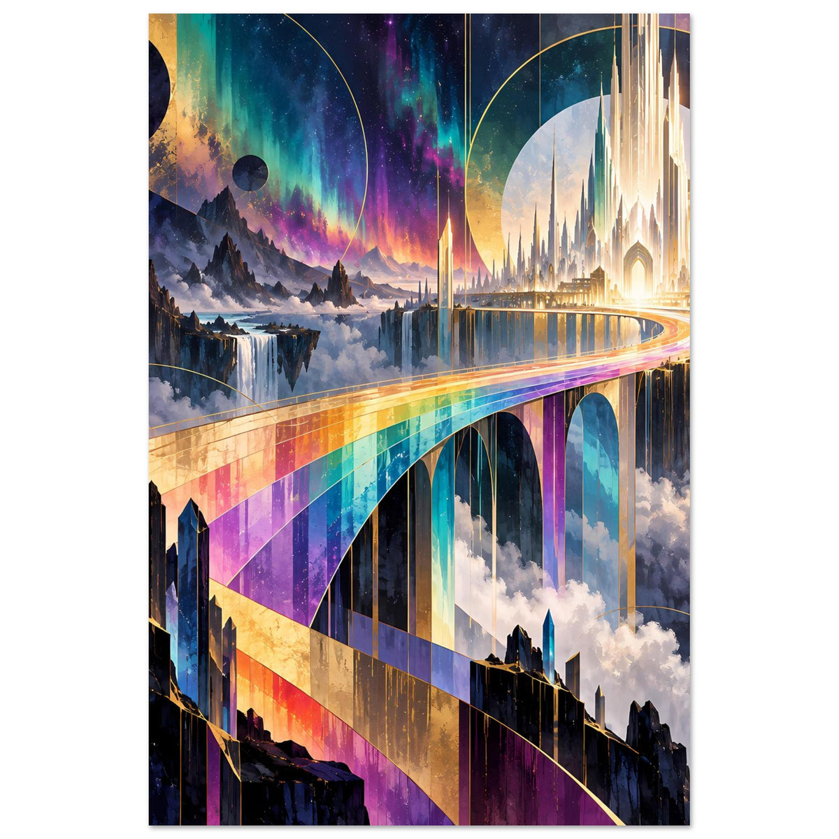 Poster: Regenbogenbrücke durch Wolken, bunte Säulen und goldene Lichter in der Ferne