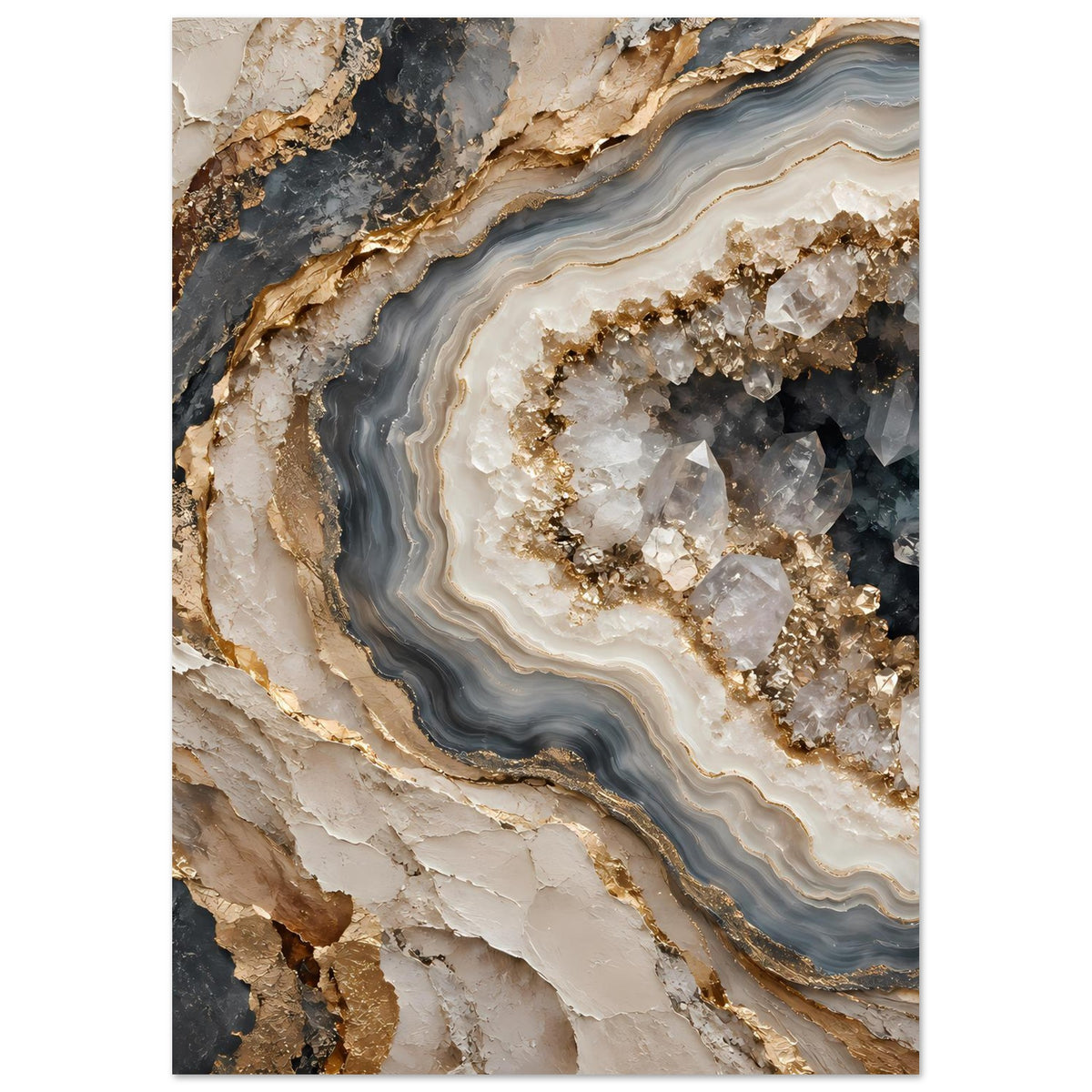 Poster mit Geoden-Schichten in Creme, Rauchgrau und Gold, vertikal, naher Ausschnitt