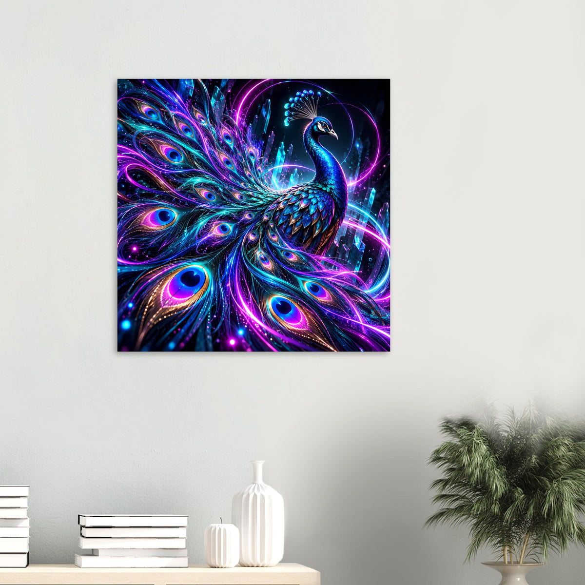 Neon-Pfauenposter im kleinen Format mit blauem Pfau und violettem Leuchten