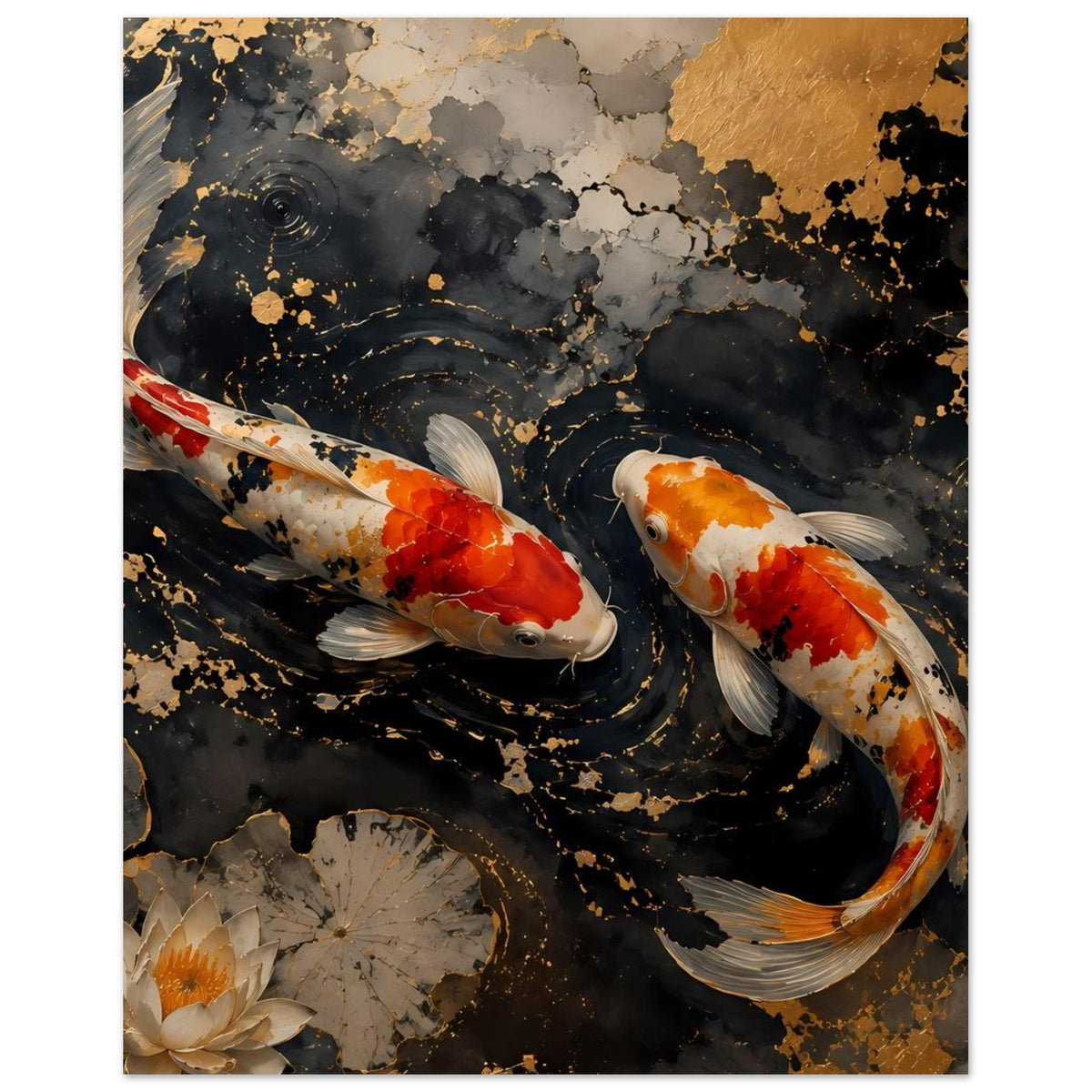 Poster mit zwei Koi-Fischen im schwarzen Wasser, goldene Wirbel, Seerosen