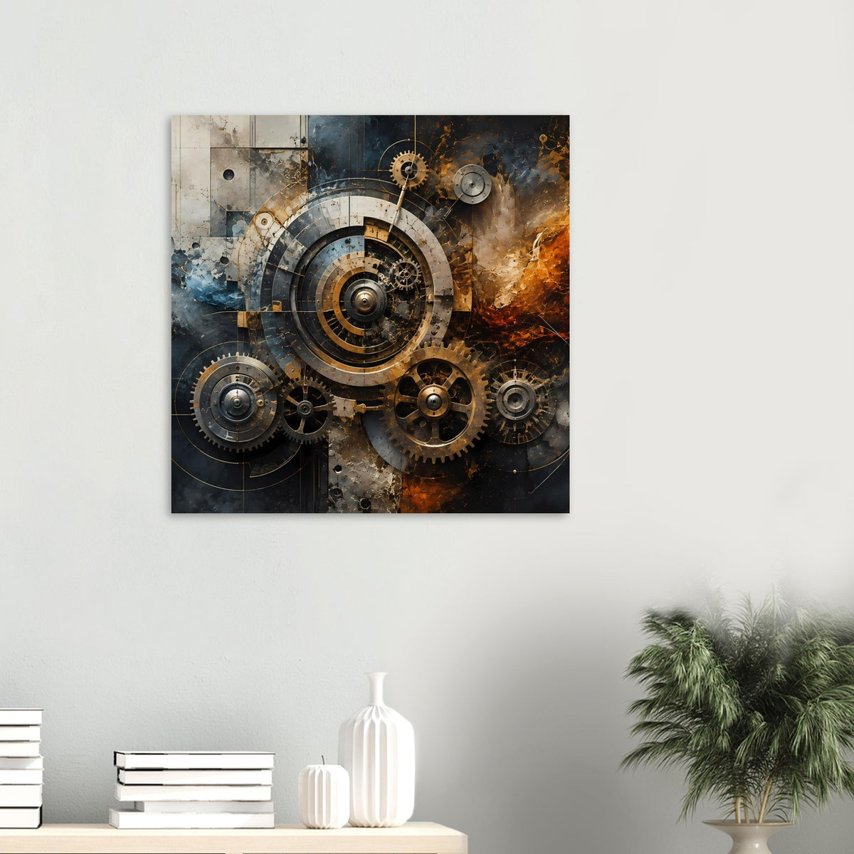 Steampunk-Poster mit mechanischem Getriebe-Motiv und warmen Metalltönen, quadratisch gerahmt
