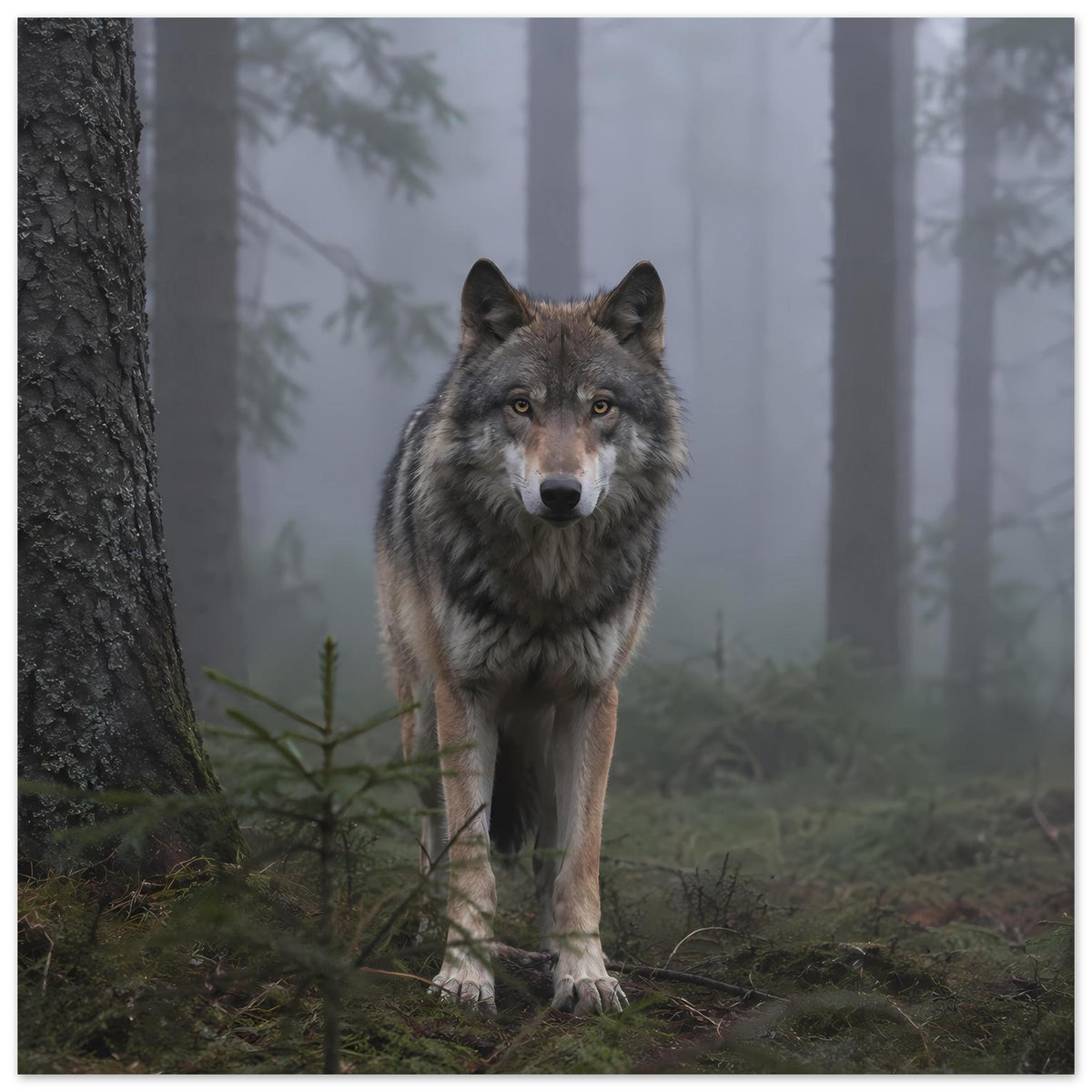 Wolfsposter: Wolf mit dunkler Fellstruktur, frontal stehend im nebligen Wald